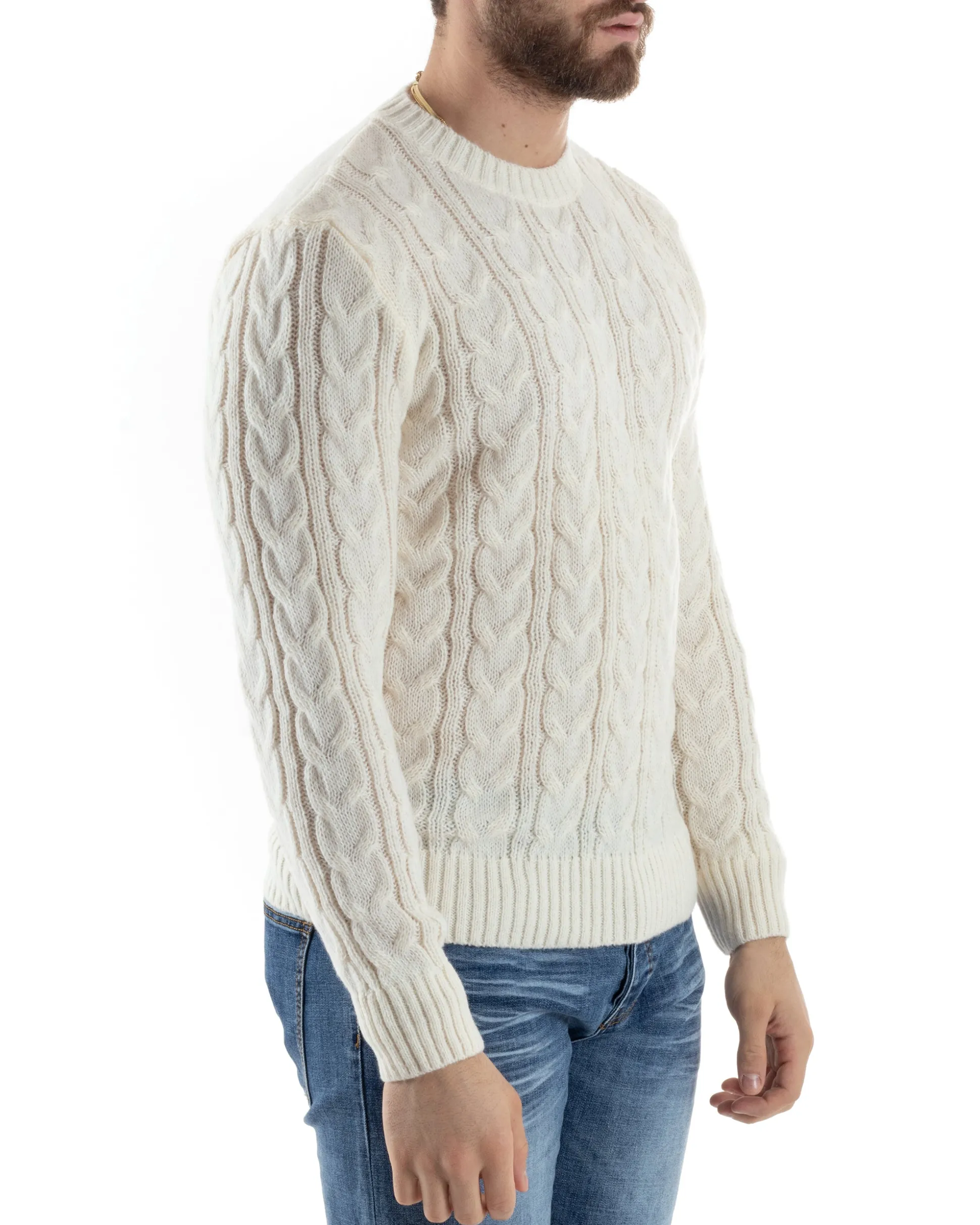 Maglione Uomo Girocollo Con Trecce Maglia Intrecciata Panna M2801A