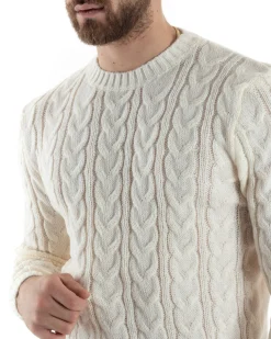Maglione Uomo Girocollo Con Trecce Maglia Intrecciata Panna M2801A