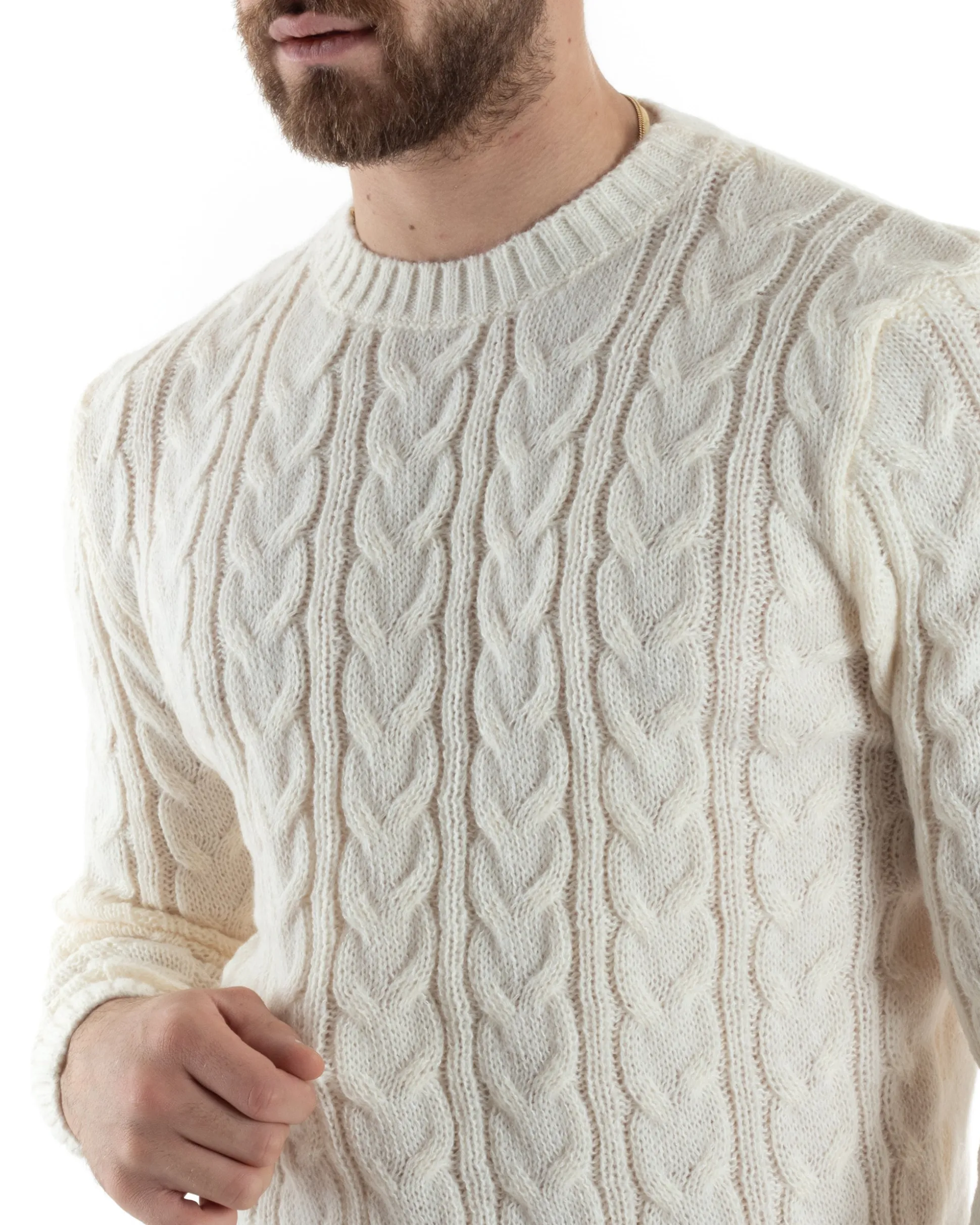 Maglione Uomo Girocollo Con Trecce Maglia Intrecciata Panna M2801A
