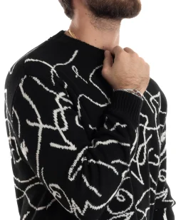 Maglione Uomo Girocollo Maglia Fantasia Righe Pullover Caldo Morbido Casual Bicolore Nero GIOSAL-M2944A