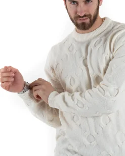 Maglione Uomo Girocollo Maglia Maglioncino Intrecciato Cerchi Panna GIOSAL-M2799A