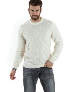 Maglione Uomo Girocollo Maglia Maglioncino Intrecciato Cerchi Panna GIOSAL-M2799A