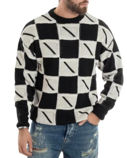 Maglione Uomo Girocollo Maglia Calda Lana Fantasia Jacquard Pullover Morbido Casual Bicolore Bianco Nero GIOSAL-M2953A