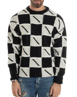 Maglione Uomo Girocollo Maglia Calda Lana Fantasia Jacquard Pullover Morbido Casual Bicolore Bianco Nero GIOSAL-M2953A