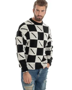 Maglione Uomo Girocollo Maglia Calda Lana Fantasia Jacquard Pullover Morbido Casual Bicolore Bianco Nero GIOSAL-M2953A