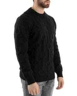 Maglione Uomo Girocollo Maglia Maglioncino Intrecciato Cerchi Nero GIOSAL-M2800A