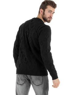 Maglione Uomo Girocollo Maglia Maglioncino Intrecciato Cerchi Nero GIOSAL-M2800A