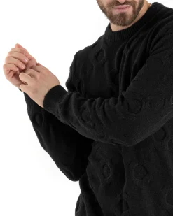 Maglione Uomo Girocollo Maglia Maglioncino Intrecciato Cerchi Nero GIOSAL-M2800A