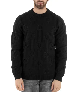 Maglione Uomo Girocollo Maglia Maglioncino Intrecciato Cerchi Nero GIOSAL-M2800A