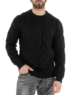 Maglione Uomo Girocollo Maglia Maglioncino Intrecciato Cerchi Nero GIOSAL-M2800A