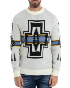 Maglione Uomo Girocollo Pullover Caldo Fantasia Jacquard Azteca Etnico Panna GIOSAL-M2957A