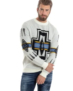 Maglione Uomo Girocollo Pullover Caldo Fantasia Jacquard Azteca Etnico Panna GIOSAL-M2957A