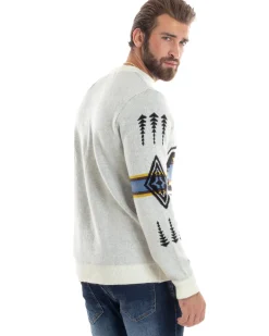 Maglione Uomo Girocollo Pullover Caldo Fantasia Jacquard Azteca Etnico Panna GIOSAL-M2957A