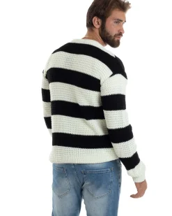 Maglione Uomo Girocollo Rigato Maglia Inglese Comoda Pullover Caldo Casual Bicolore Nero GIOSAL-M2922A