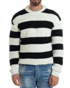 Maglione Uomo Girocollo Rigato Maglia Inglese Comoda Pullover Caldo Casual Bicolore Nero GIOSAL-M2922A