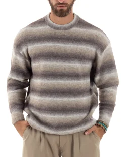 Maglione Uomo Girocollo Righe Lana Maglia Oversize Multicolor Camel M2861A