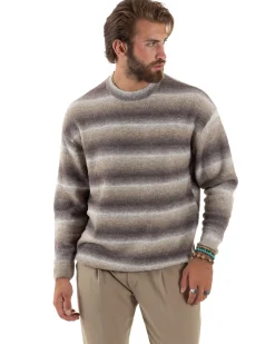 Maglione Uomo Girocollo Righe Lana Maglia Oversize Multicolor Camel M2861A