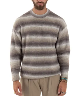 Maglione Uomo Girocollo Righe Lana Maglia Oversize Multicolor Camel M2861A