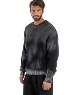 Maglione Uomo Girocollo Rotture Oversize Sfumato Nero M3046A