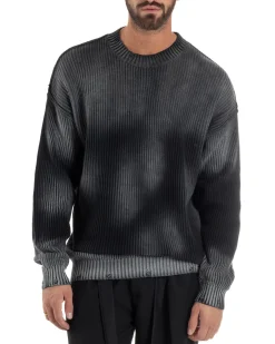 Maglione Uomo Girocollo Rotture Oversize Sfumato Nero M3046A