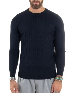 Maglione Uomo Girocollo Viscosa Treccia Maglioncino Lavorato Maglia Calda Basic Maniche Lunghe Tinta Unita Casual Blu GIOSAL-M2900A
