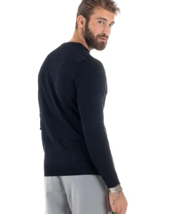 Maglione Uomo Girocollo Viscosa Treccia Maglioncino Lavorato Maglia Calda Basic Maniche Lunghe Tinta Unita Casual Blu GIOSAL-M2900A
