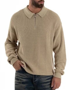 Maglione Uomo Polo Con Zip Maglia Inglese Con Colletto Beige M3022A