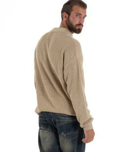 Maglione Uomo Polo Con Zip Maglia Inglese Con Colletto Beige M3022A