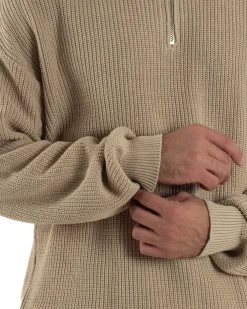 Maglione Uomo Polo Con Zip Maglia Inglese Con Colletto Beige M3022A