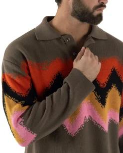 Maglione Uomo Polo Oversize Lana Spalle Scese Multicolore Marrone M3085A