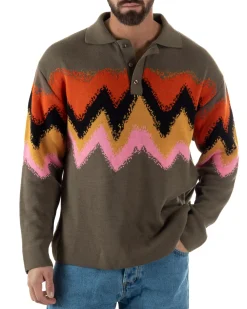 Maglione Uomo Polo Oversize Lana Spalle Scese Multicolore Marrone M3085A