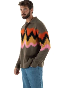 Maglione Uomo Polo Oversize Lana Spalle Scese Multicolore Marrone M3085A