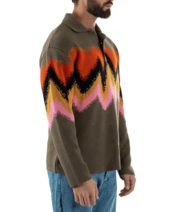 Maglione Uomo Polo Oversize Lana Spalle Scese Multicolore Marrone M3085A