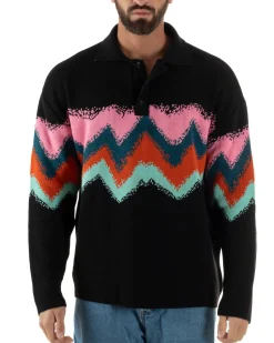 Maglione Uomo Polo Oversize Lana Spalle Scese Multicolore Nero M3086A
