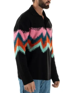 Maglione Uomo Polo Oversize Lana Spalle Scese Multicolore Nero M3086A