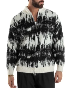 Maglione Uomo Pullover Zip Intera Maglia Lana Mohair Fantasia Bicolore Nero M3079A