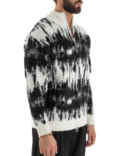 Maglione Uomo Pullover Zip Intera Maglia Lana Mohair Fantasia Bicolore Nero M3079A