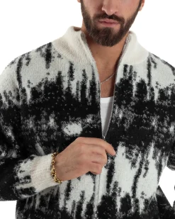 Maglione Uomo Pullover Zip Intera Maglia Lana Mohair Fantasia Bicolore Nero M3079A