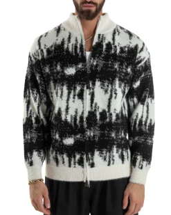 Maglione Uomo Pullover Zip Intera Maglia Lana Mohair Fantasia Bicolore Nero M3079A