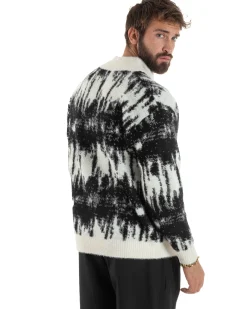 Maglione Uomo Pullover Zip Intera Maglia Lana Mohair Fantasia Bicolore Nero M3079A