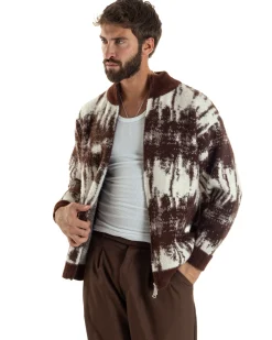 Maglione Uomo Pullover Zip Intera Maglia Lana Mohair Fantasia Bicolore Marrone M3078A