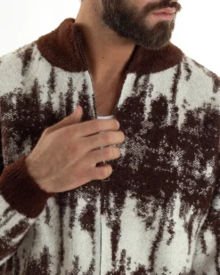 Maglione Uomo Pullover Zip Intera Maglia Lana Mohair Fantasia Bicolore Marrone M3078A