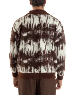 Maglione Uomo Pullover Zip Intera Maglia Lana Mohair Fantasia Bicolore Marrone M3078A