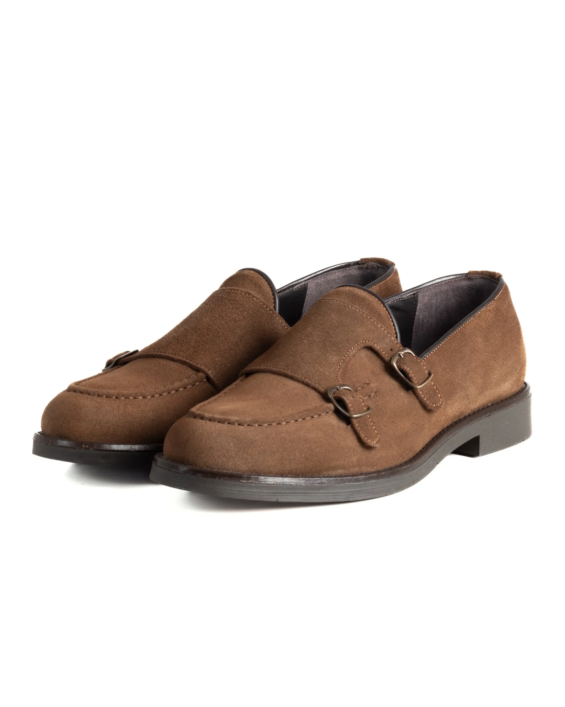 Mocassini Doppia Fibbia Uomo Scarpe Camoscio Eleganti Cerimonia Suola Gomma Casual Tabacco GIOSAL-S1287A