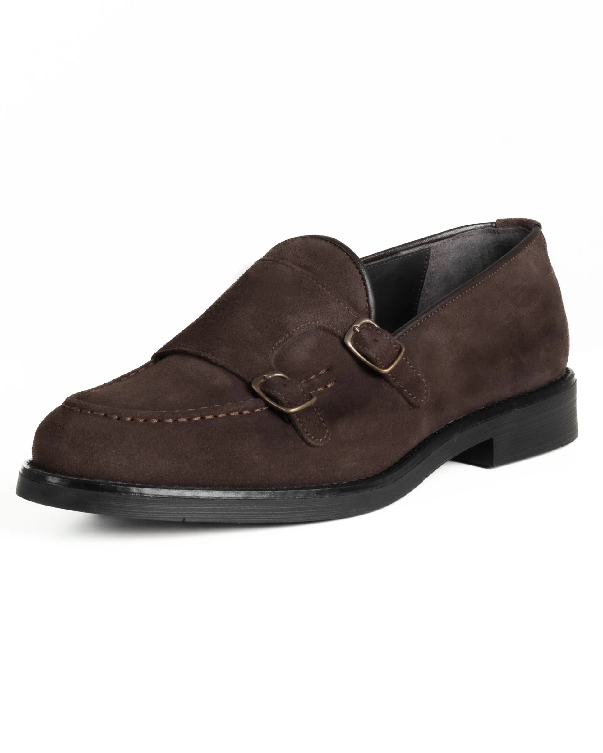 Mocassini Doppia Fibbia Uomo Scarpe Camoscio Eleganti Cerimonia Suola Gomma Casual Marrone GIOSAL-S1286A