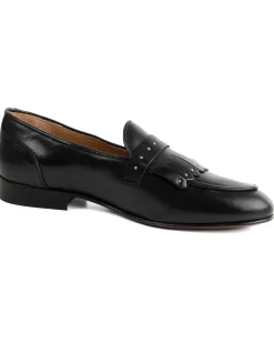 Mocassini uomo con fibbia frangia borchie argento scarpe copelle eleganti pelle vitello cerimonia suola di cuoio con ovalino antiscivolo casual nero GIOSAL-S1321A