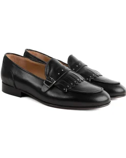 Mocassini uomo con fibbia frangia borchie argento scarpe copelle eleganti pelle vitello cerimonia suola di cuoio con ovalino antiscivolo casual nero GIOSAL-S1321A