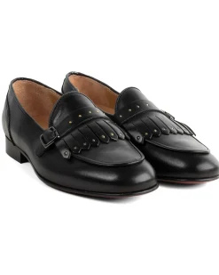 Mocassini uomo con fibbia frangia borchie scarpe copelle eleganti pelle vitello cerimonia suola di cuoio con ovalino antiscivolo casual nero GIOSAL-S1272A