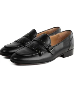 Mocassini uomo con fibbia frangia borchie scarpe copelle eleganti pelle vitello cerimonia suola di cuoio con ovalino antiscivolo casual nero GIOSAL-S1272A