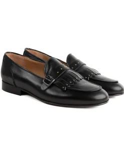 Mocassini uomo con fibbia frangia borchie scarpe copelle eleganti pelle vitello cerimonia suola di cuoio con ovalino antiscivolo casual nero GIOSAL-S1272A